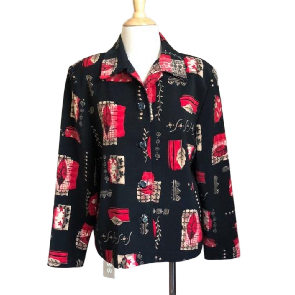 BRIGGS Women's Medium Black Red Print Long Sleeve Blouse Jacket Made in USA